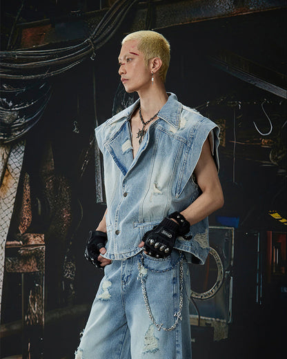 Distressed Washed Denim Vest Jacket