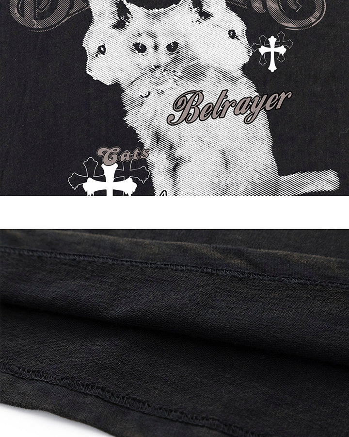 Vintage Cat Graphic Bat Sleeve Vest Hoodie