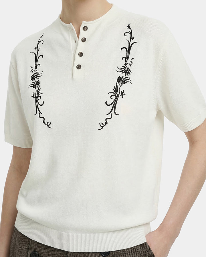 Vintage Embroidered Henley Short Sleeve Tee
