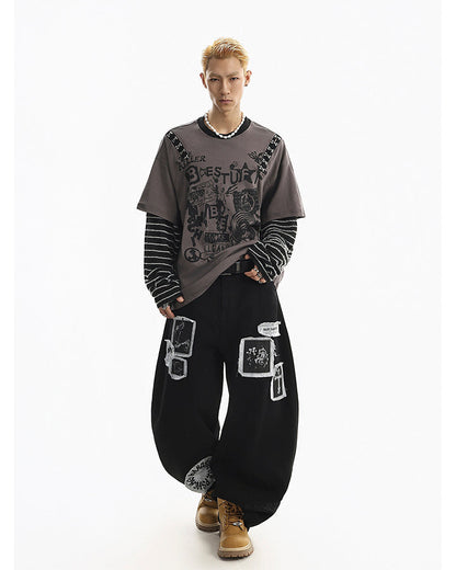 Gray-Black Distressed Graffiti Layered Sweatshirts