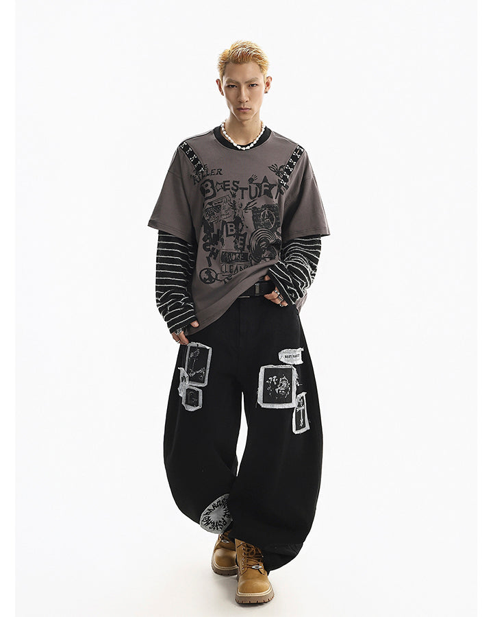 Gray-Black Distressed Graffiti Layered Sweatshirts