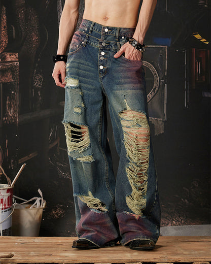 New Double Waist Spray Distressed Jeans