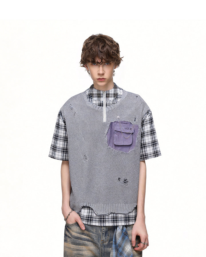 Patchwork Distressed Plaid Layered Knit T-Shirt