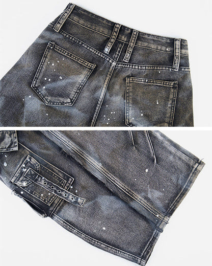 Heavy Washed Ink-Splatter Deconstructed Denim Jeans