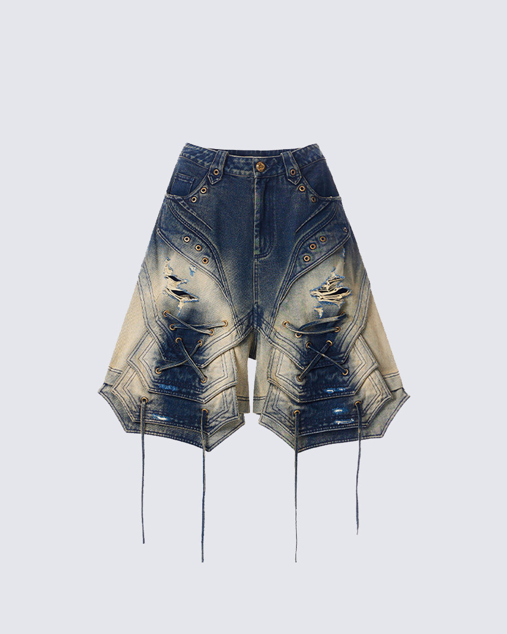 Dark Washed Deconstructed Lace-Up Denim Shorts