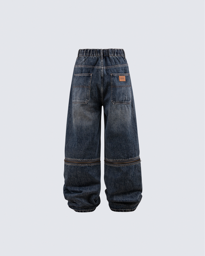 Zip-Off Panel Wide-Leg Denim Pants