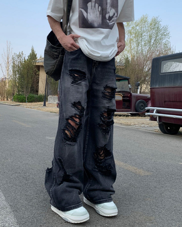 Distressed Ripped Black Denim Pants