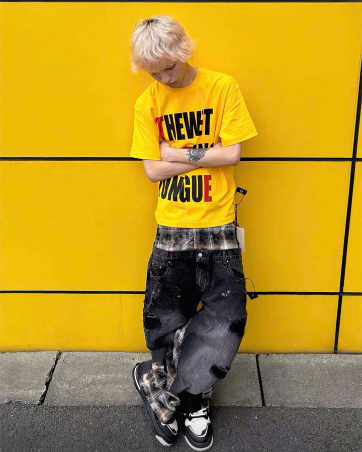 Hip-Hop Patchwork Plaid Layered Denim Pants
