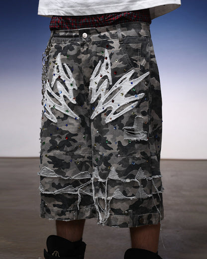 Camo Print Distressed Cargo Shorts