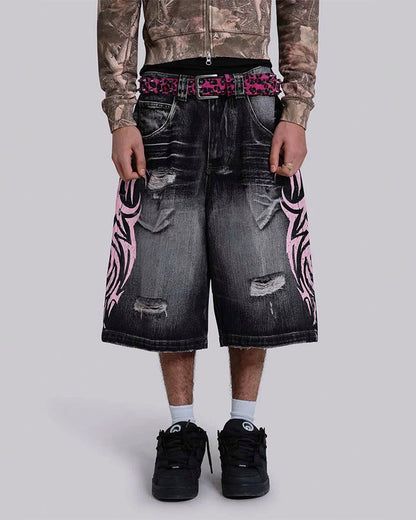 Distressed New Tribal Print Denim Shorts
