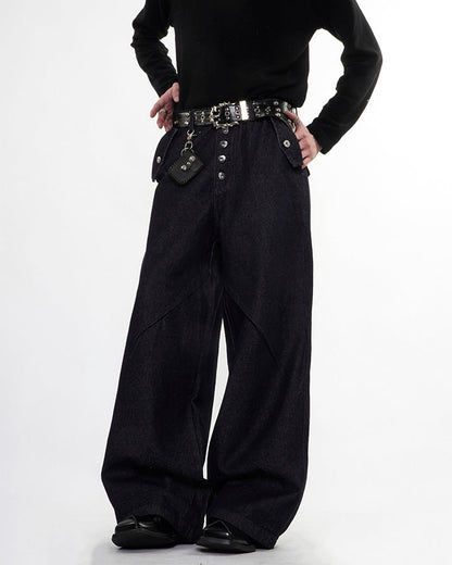 Dark Indigo Button Front Wide Denim Pants