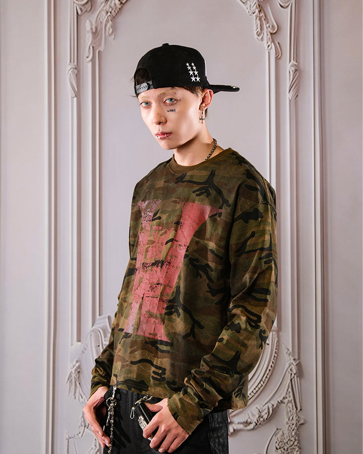 Vintage Distressed Camo Print Long Sleeve T-shirt