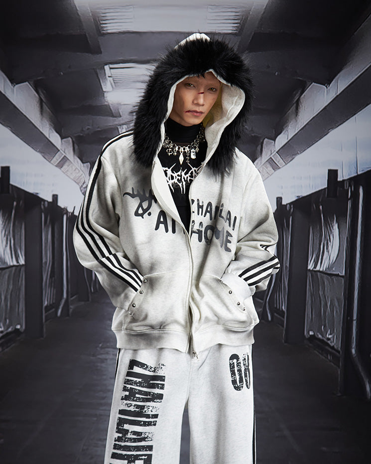 Gradient Faux Fur Hood Zip Hoodie