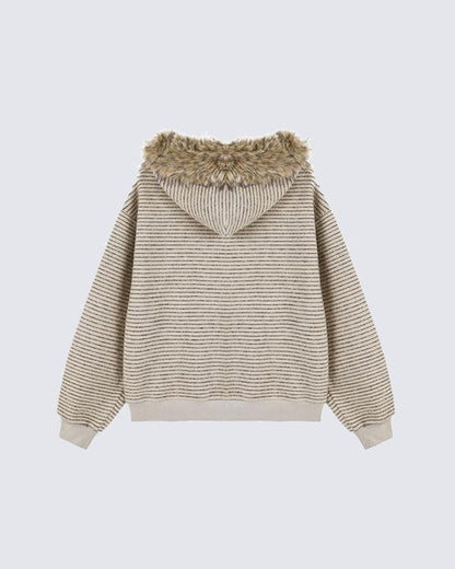 Striped Hoodie Jacket with Fur Trim