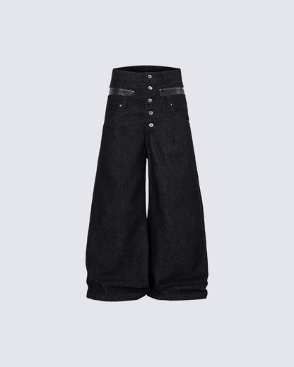 Rivet Patchwork Leather Panel Denim Pants