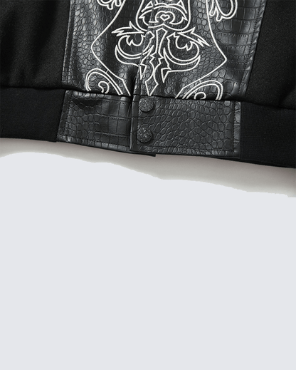 Gothic Cross Embroidered Faux Leather Varsity Jacket