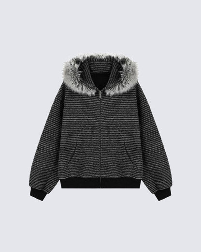 Striped Hoodie Jacket with Fur Trim
