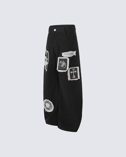 Graphic Patch Wide Leg Denim Pants