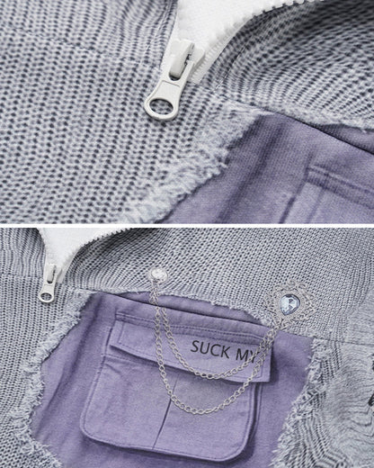 Patchwork Distressed Plaid Layered Knit T-Shirt