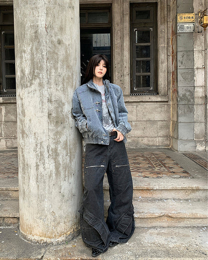 Spliced Metal-Detail Scimitar Denim Pants