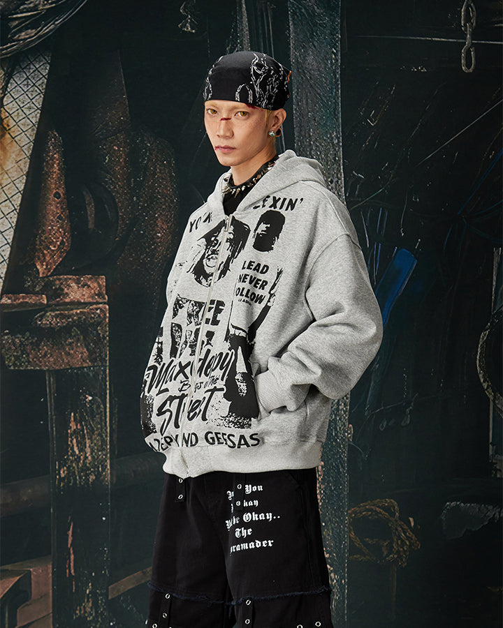 American Street Portrait Graffiti Zip-Up Hoodie