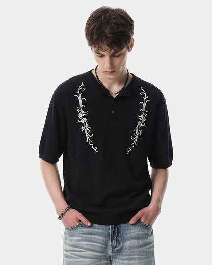 Vintage Embroidered Henley Short Sleeve Tee