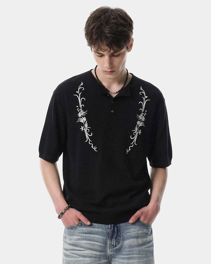 Vintage Embroidered Henley Short Sleeve Tee
