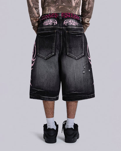Distressed New Tribal Print Denim Shorts