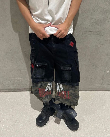 New Patchwork Camo Denim Cargo Shorts