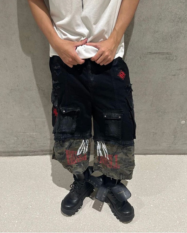 New Patchwork Camo Denim Cargo Shorts