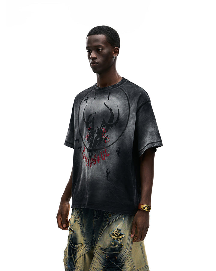 Dark Washed Distressed Graphic Short Sleeve T-Shirt