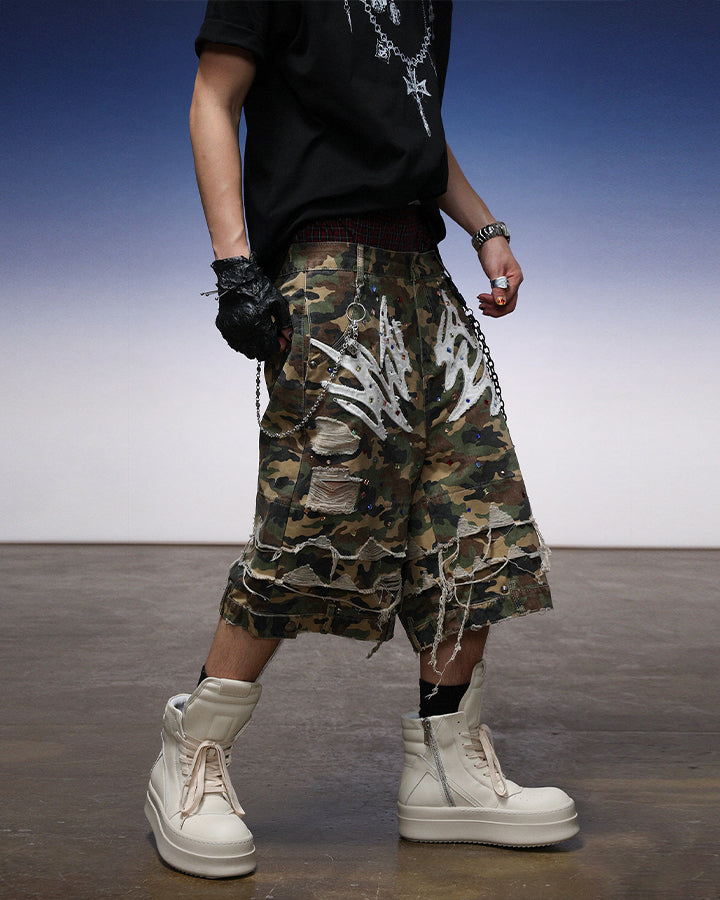 Camo Print Distressed Cargo Shorts