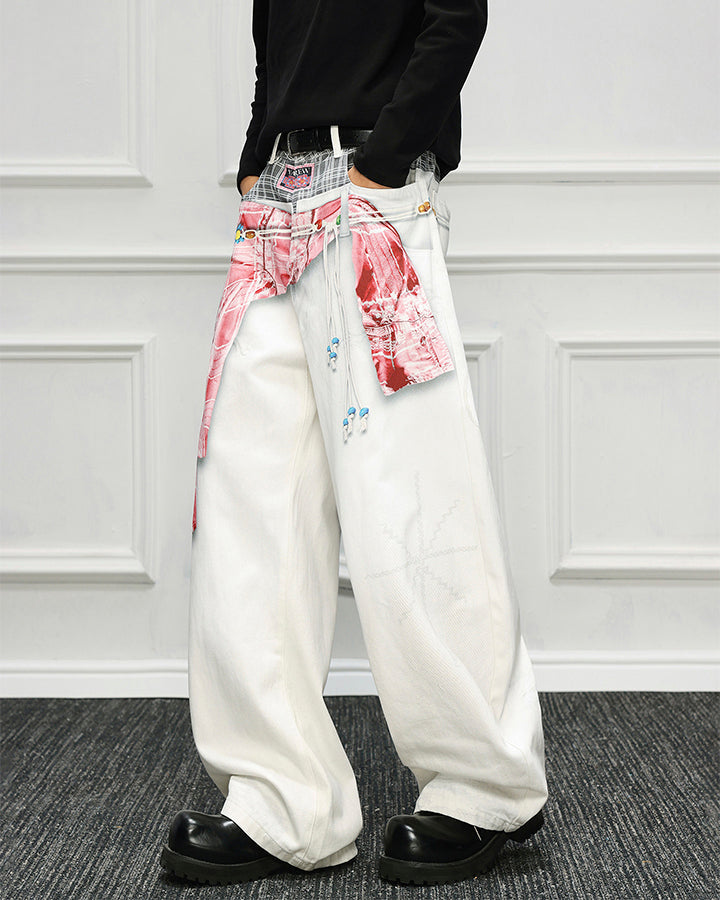 Patchwork Scarf Detail Wide Leg Pants