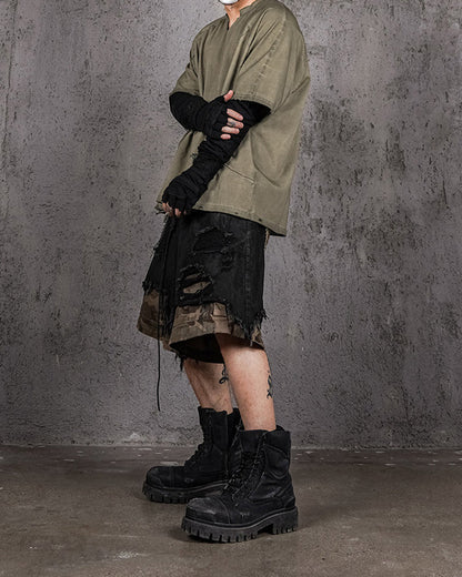 Distressed Bleached Patchwork Denim Shorts