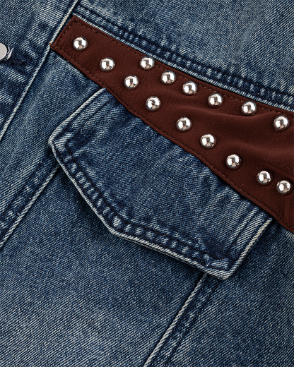 Leather Patch Studded Denim Vest