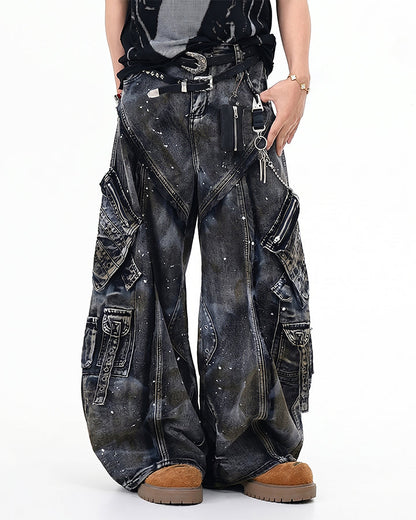 Heavy Washed Ink-Splatter Deconstructed Denim Jeans