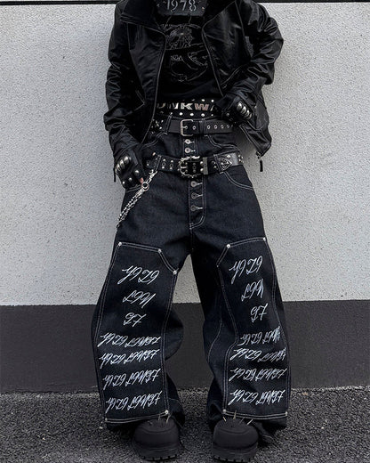 Double Waist Script Denim Pants