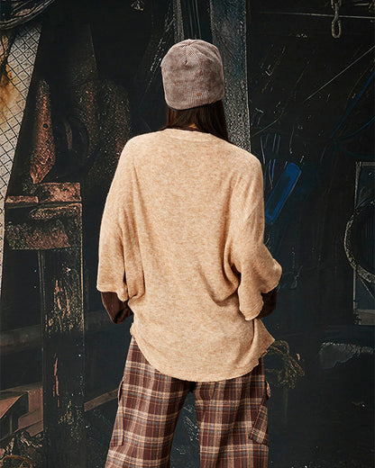 Lace-Up Neck Layered Knit T-Shirt