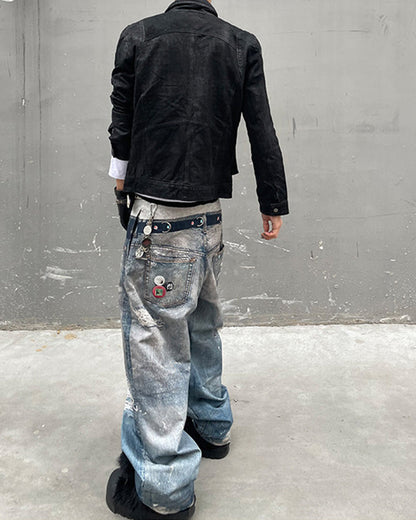 American 3D Digital Print Double Waistband Jeans