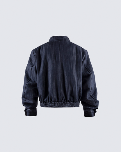Denim Stand Collar Zip-Up Jacket