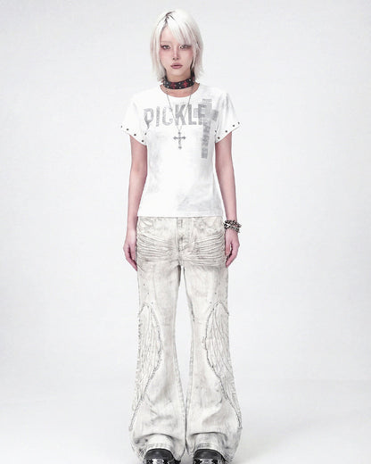 Angel Wing Print Distressed Wide-Legged Jeans