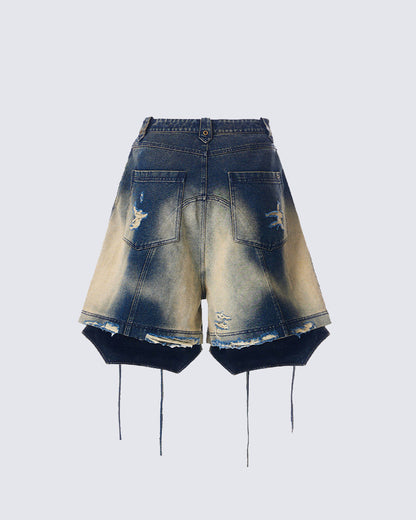 Dark Washed Deconstructed Lace-Up Denim Shorts