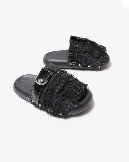 New Black Frayed Denim Platform Slides