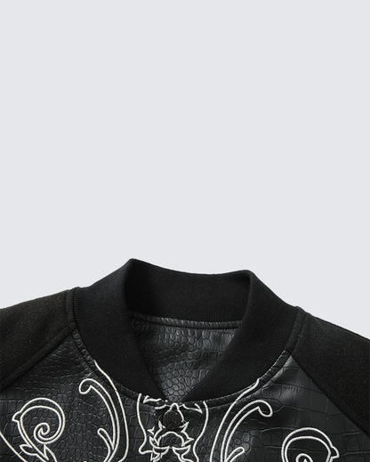 Gothic Cross Embroidered Faux Leather Varsity Jacket