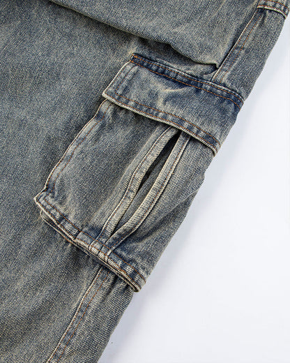 Washed Denim Multi-Pocket Cargo Pants