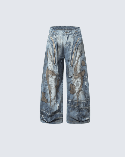 Heavy Stitch Patchwork Wide-Leg Jeans