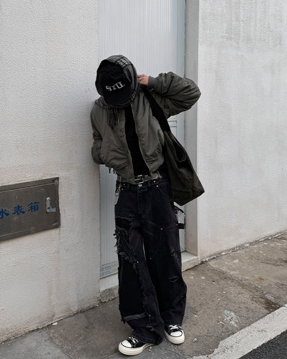 Double-Waist Heavy Patchwork Denim Pants