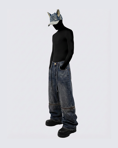 Zip-Off Panel Wide-Leg Denim Pants