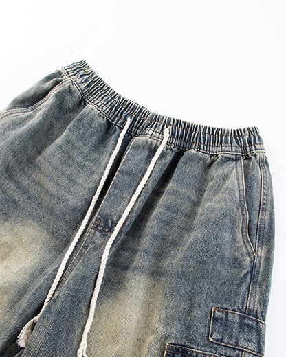 Washed Denim Multi-Pocket Cargo Pants