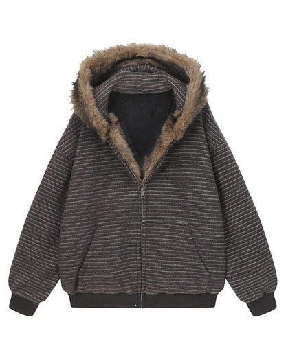 High-Street Striped Loose Hooded Sweatshirt